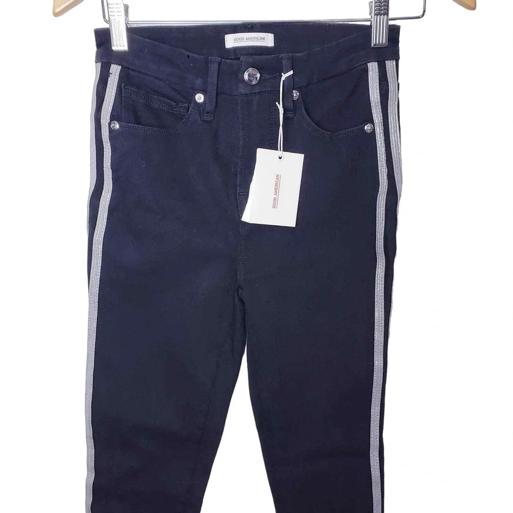 Good American Size 2/26 Good Legs Athletic‎ Metallic Stripe Jeans Black NWT